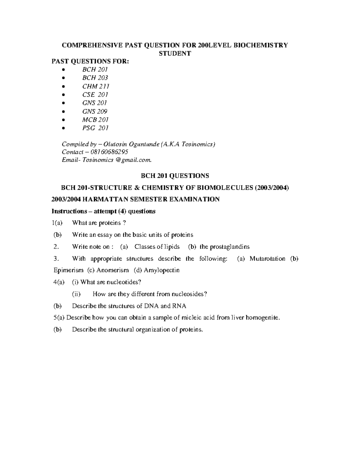 BCH 201 Comprehensive Past Questions: Structure & Chemistry of ...
