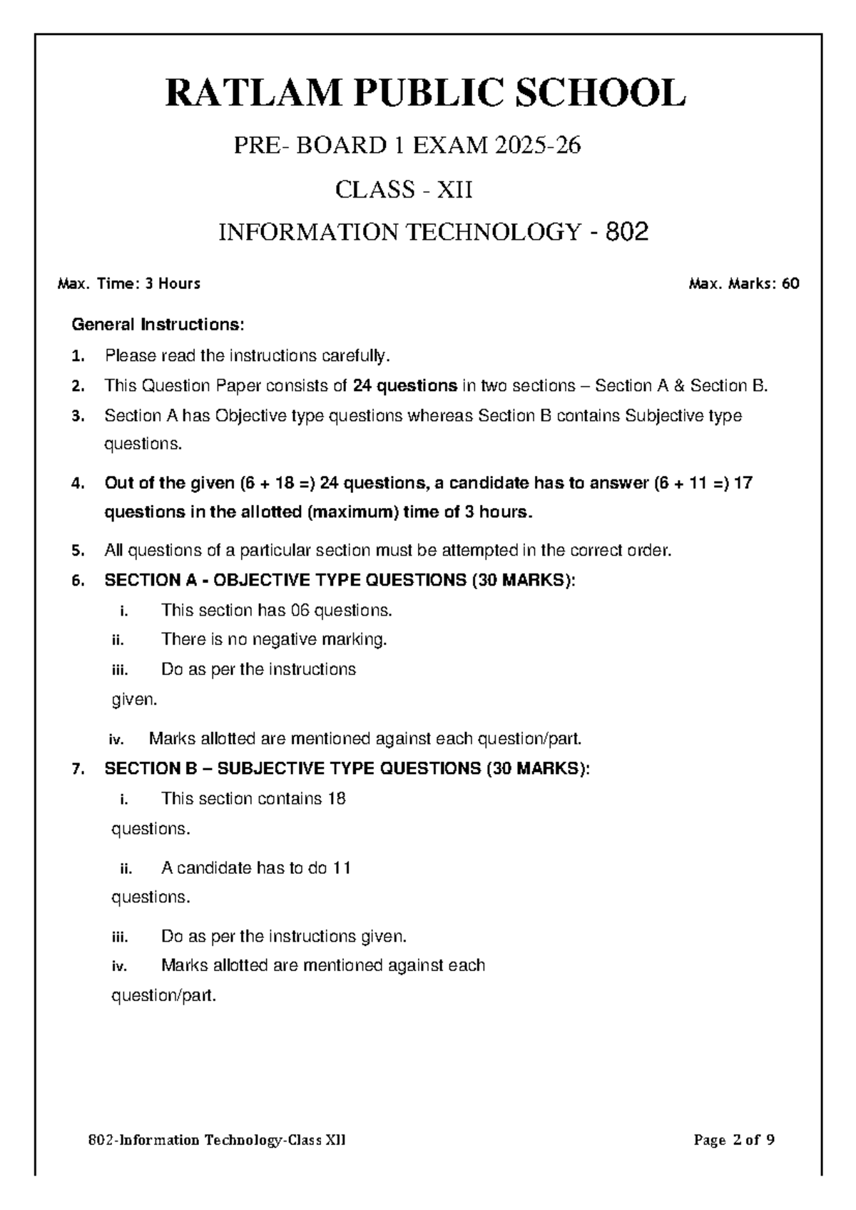 802 Information Technology Class XII Board Exam Question Paper - Studocu