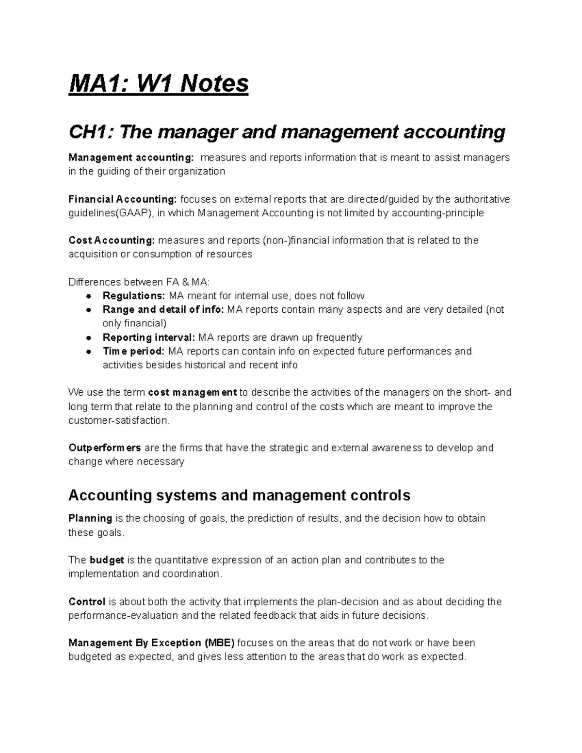 MA1: Week 1 Management Accounting Overview and Key Concepts - Studeersnel