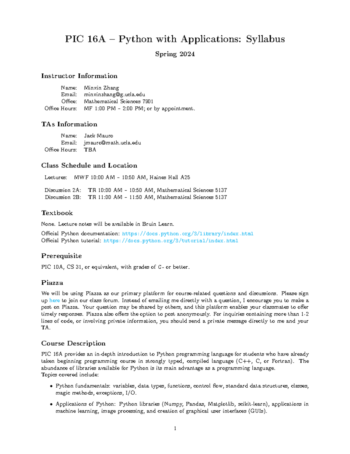PIC 16A – Python with Applications: Spring 2024 Syllabus - Studocu