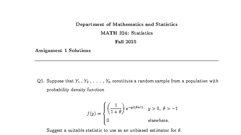 MATH 324: Statistics Fall 2025 Assignment 1 Solutions - Studocu