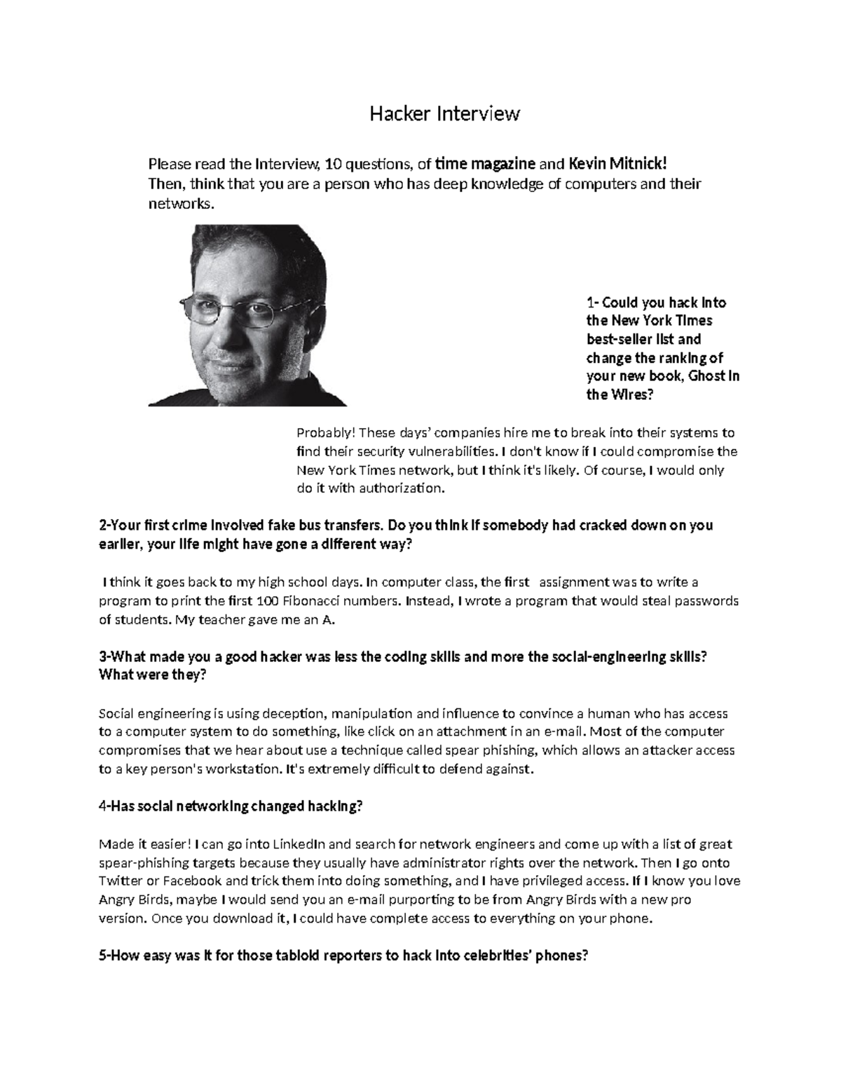 Kevin Mitnick's Interview: Insights on Hacking Techniques - Studocu