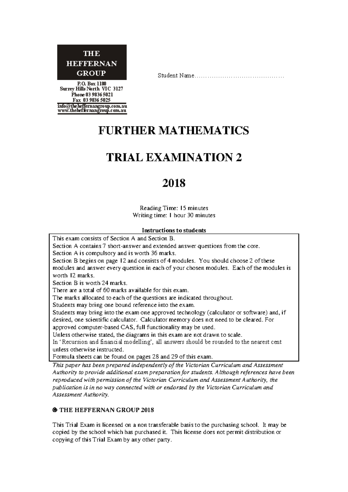 Further Mathematics Trial Exam 2 (2018) - Heffernan Group - Studocu