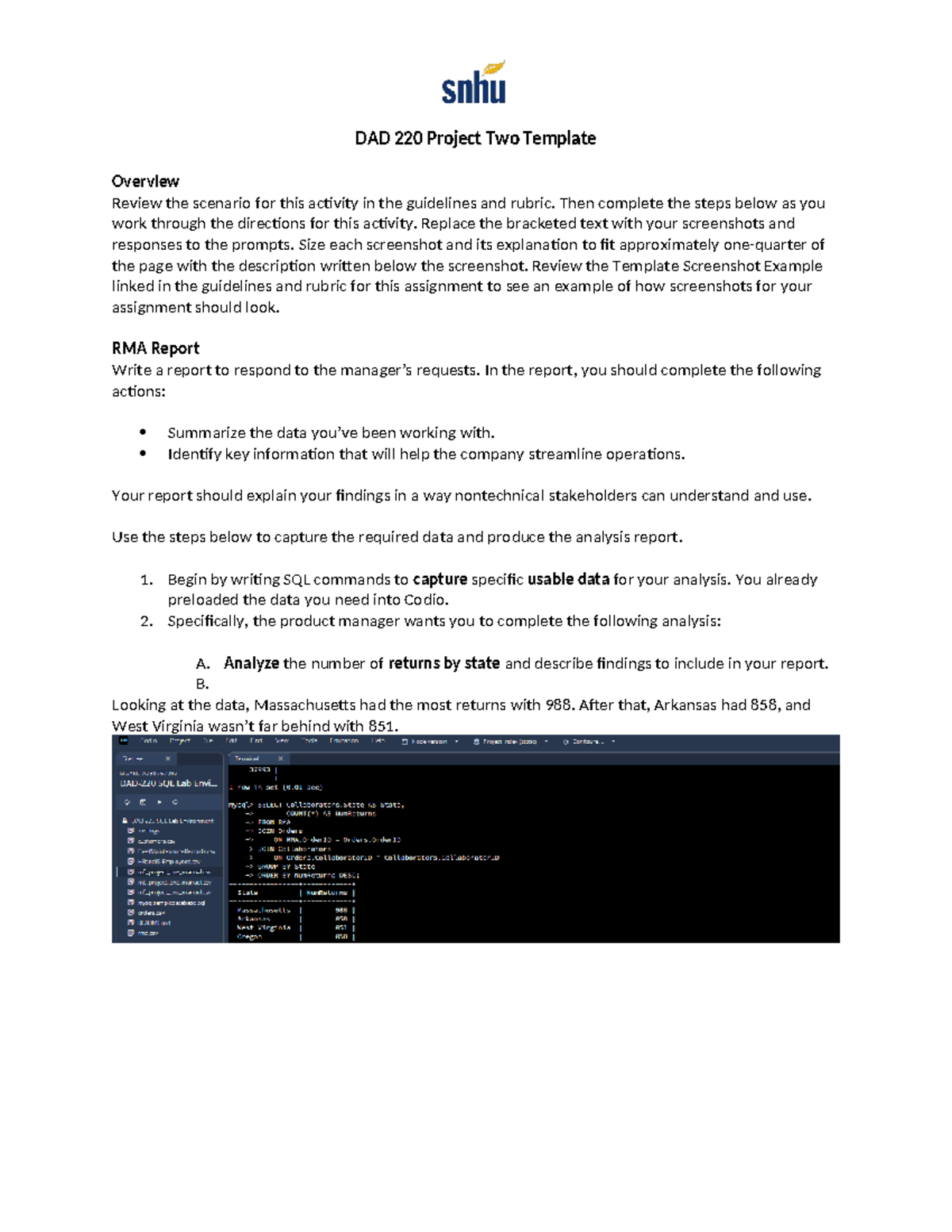 DAD 220 Project Two: RMA Analysis Report Template Guide - Studocu