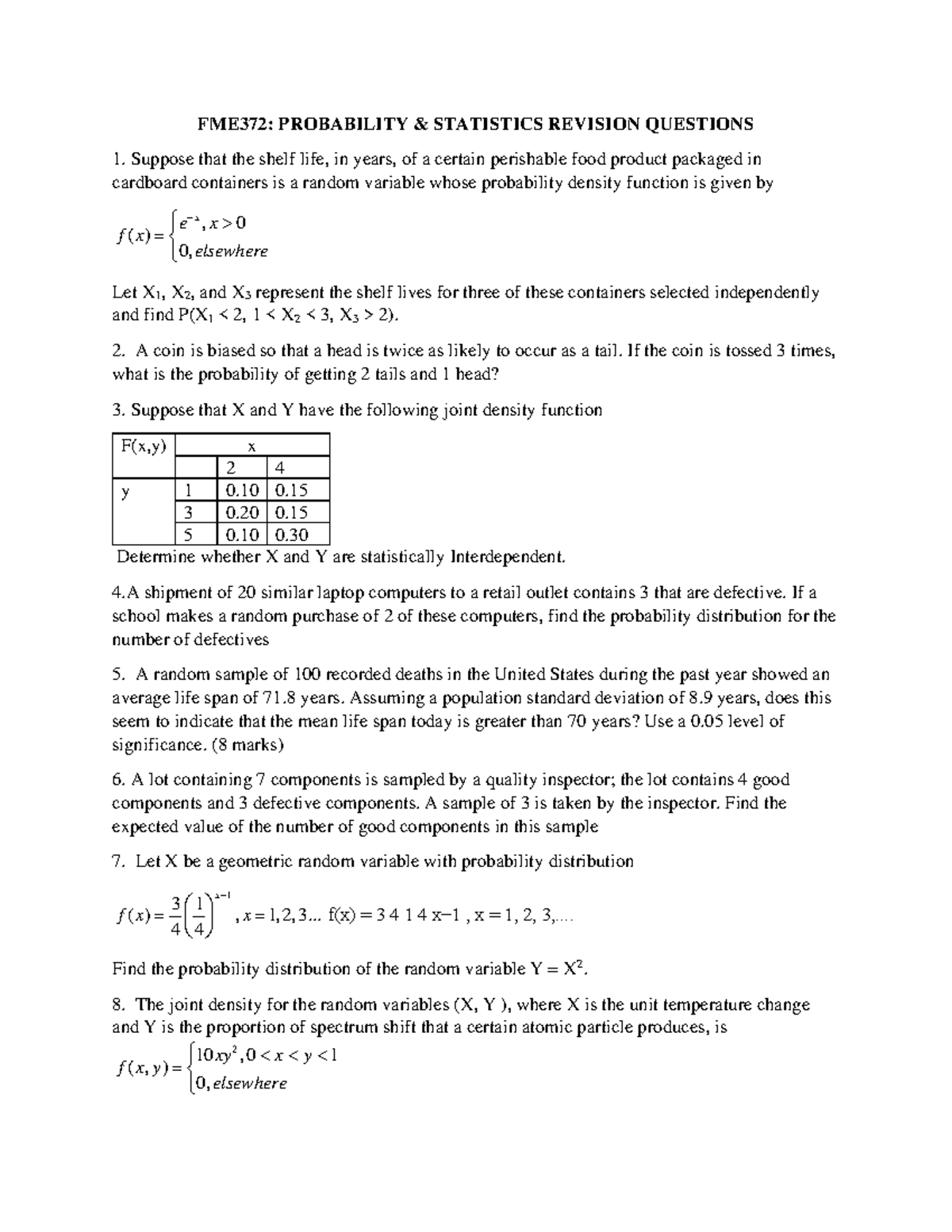 FME372: Probability & Statistics Revision Questions and Solutions - Studocu