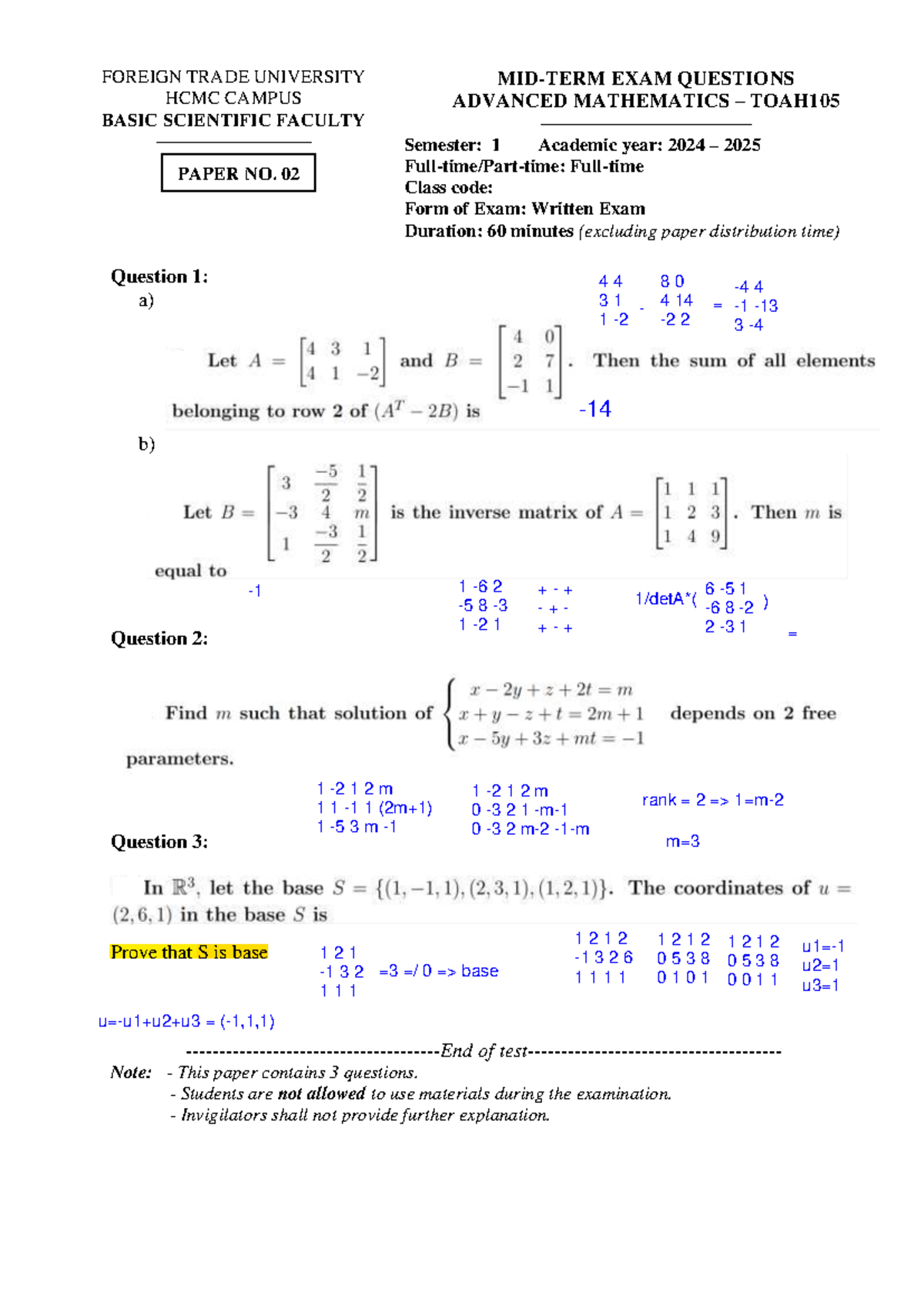 TOAH105 Advanced Mathematics Midterm Exam Questions No. 02 - Studocu