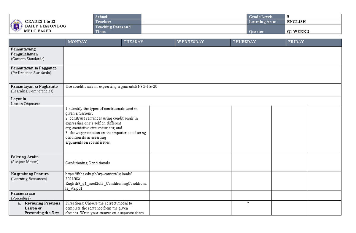 MELC DLL ENG 9 WEEK 2 Q1 DONE - GRADES 1 to 12 DAILY LESSON LOG MELC ...