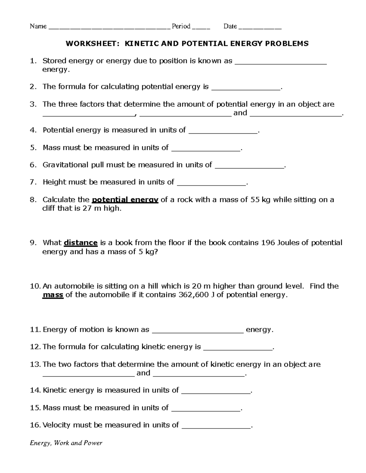 Work and Energy Worksheets (Physics 101) - Studocu