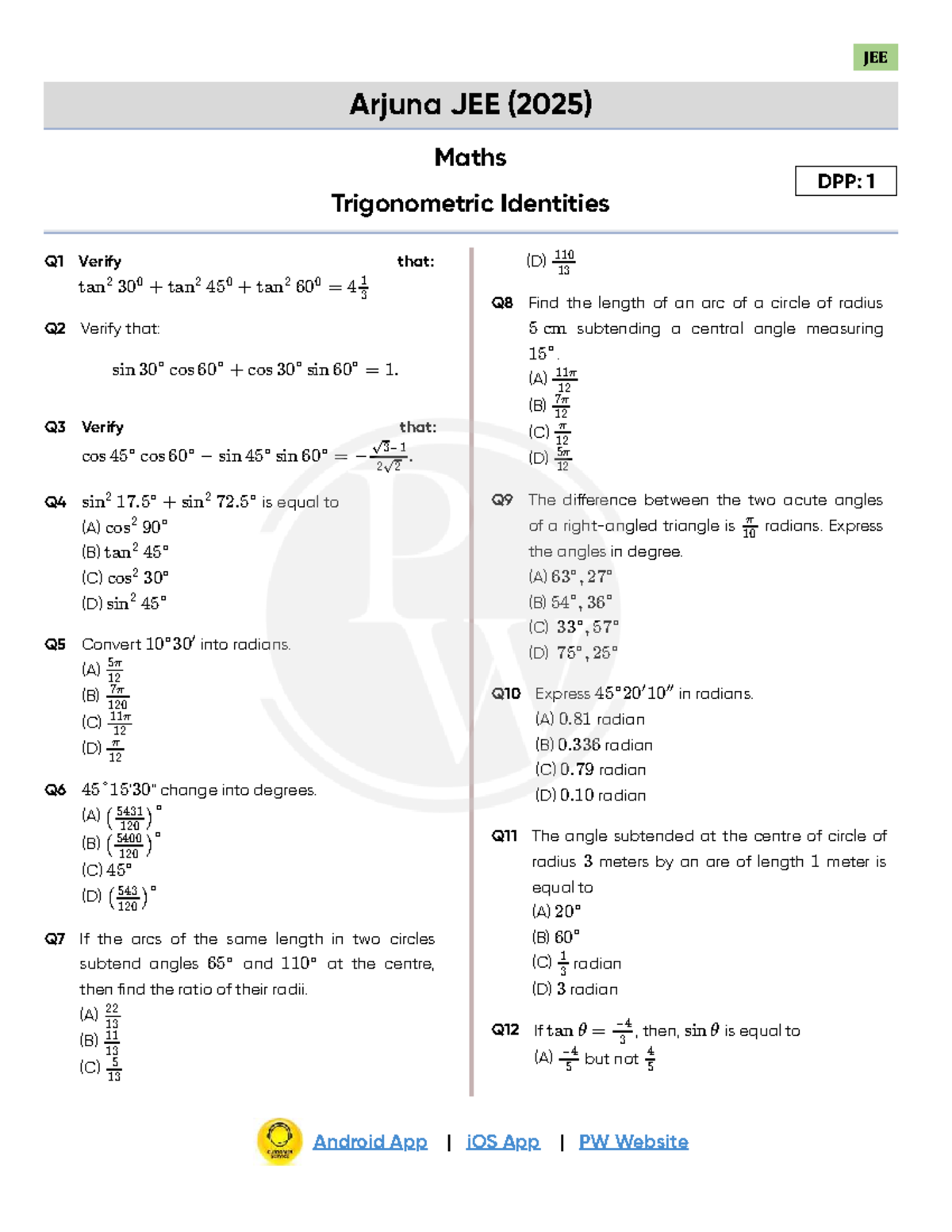 Trigonometric Identities DPP 01 (Lec 02) - Arjuna JEE 2025 - Studocu