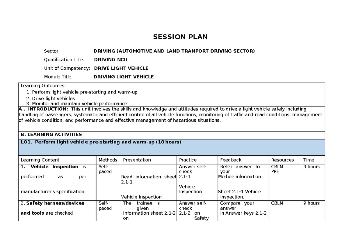 Driving NCII Session Plan: Light Vehicle Operation and Maintenance ...