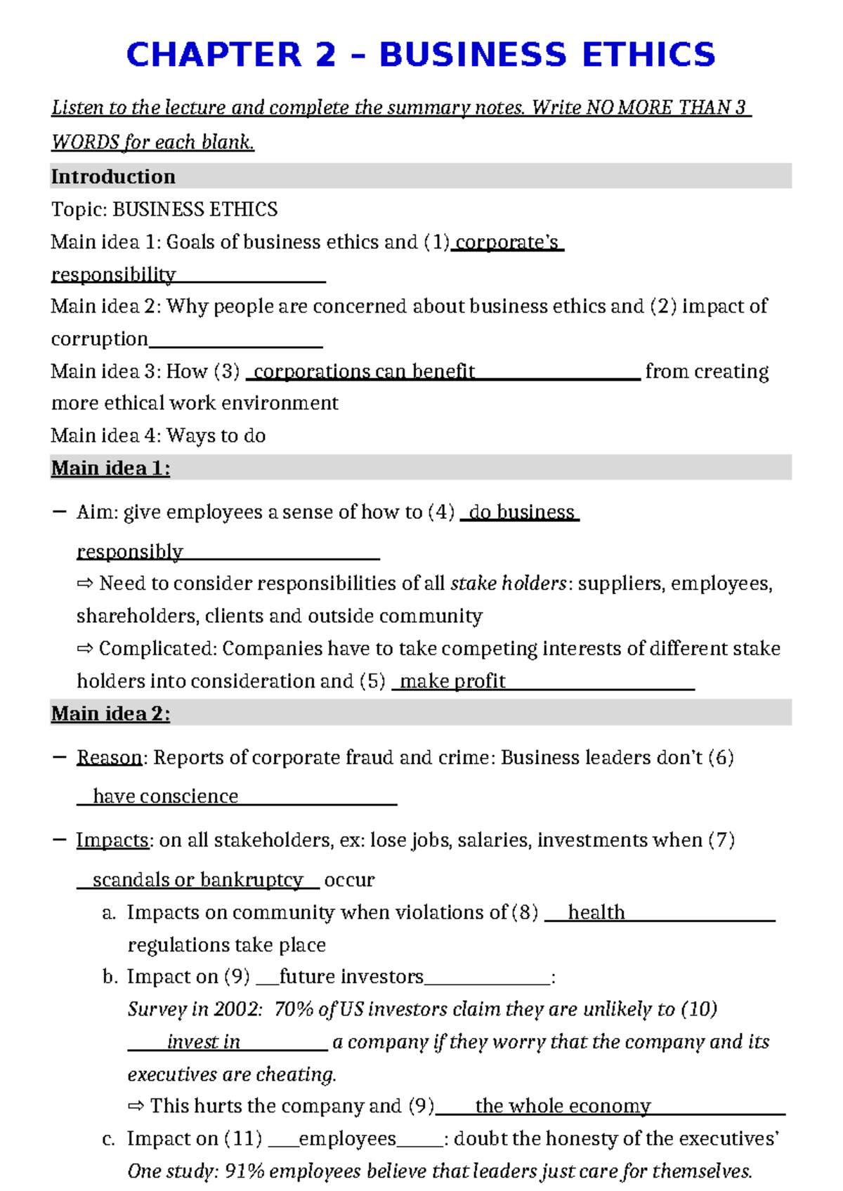Unit 2 - Business Ethics Summary Notes for Understanding Corporate ...
