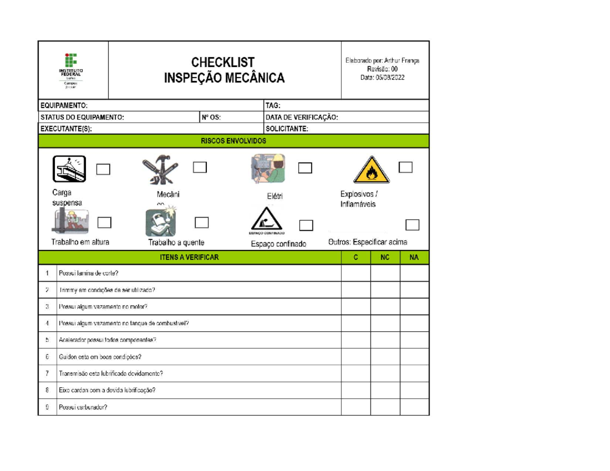 Checklist de Inspeção Mecânica - Modelo Plan1 - IFBA - Studocu