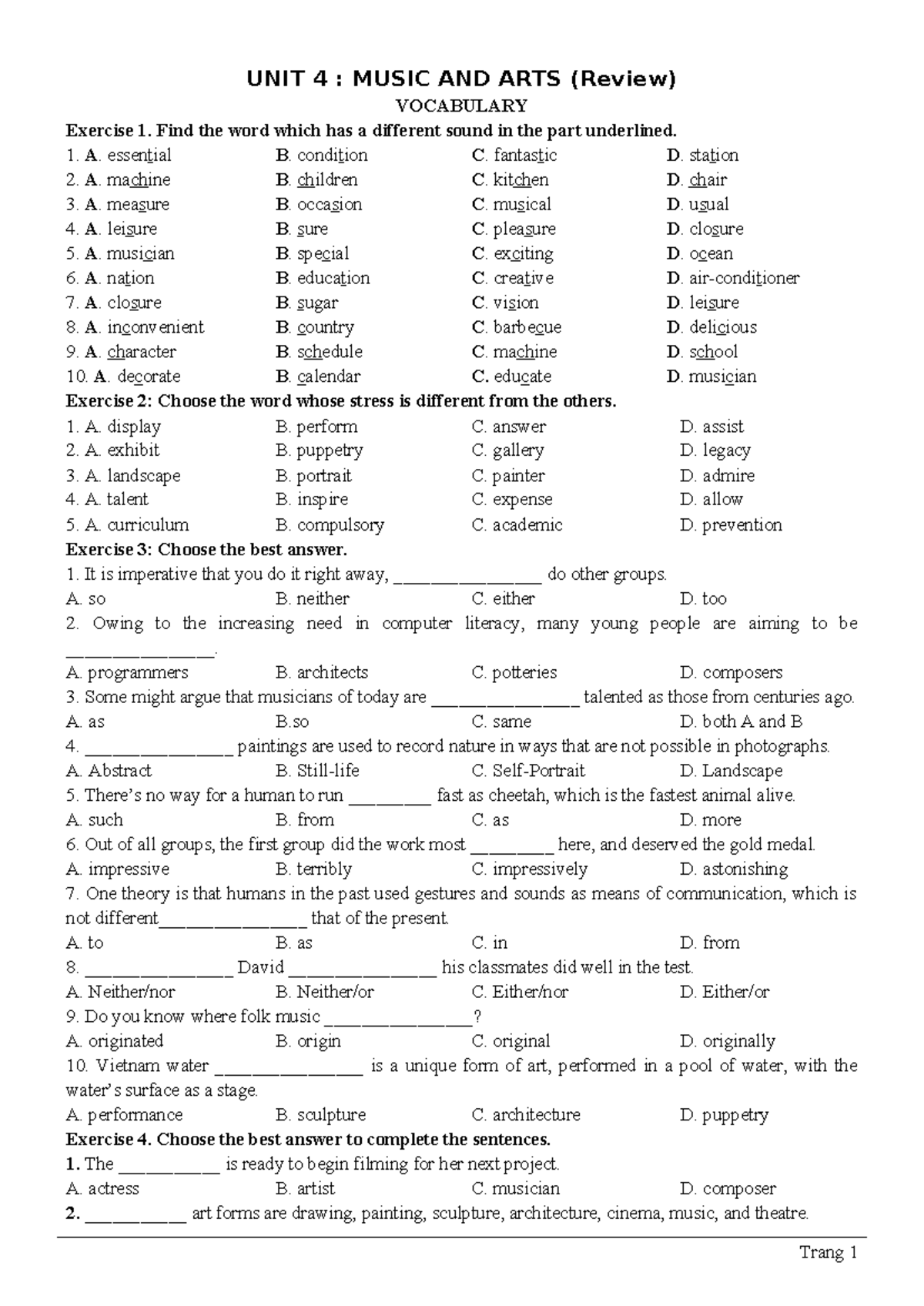 BP101 - Global Success 7: Unit 4 Music and Arts Vocabulary Review - Studocu