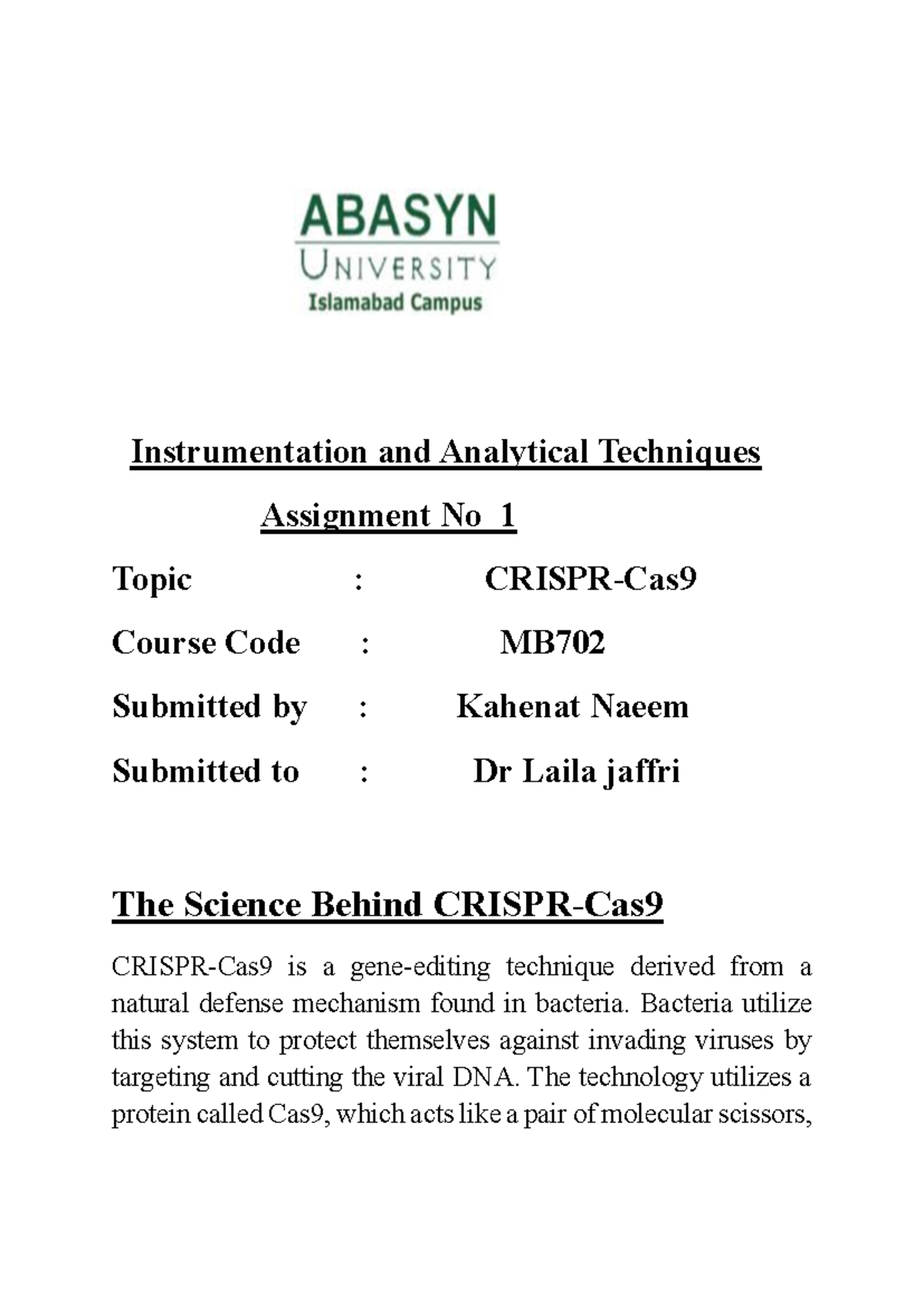 Kahenat Naeem. Instrumentation and Analytical Techniques Assignment 1 ...