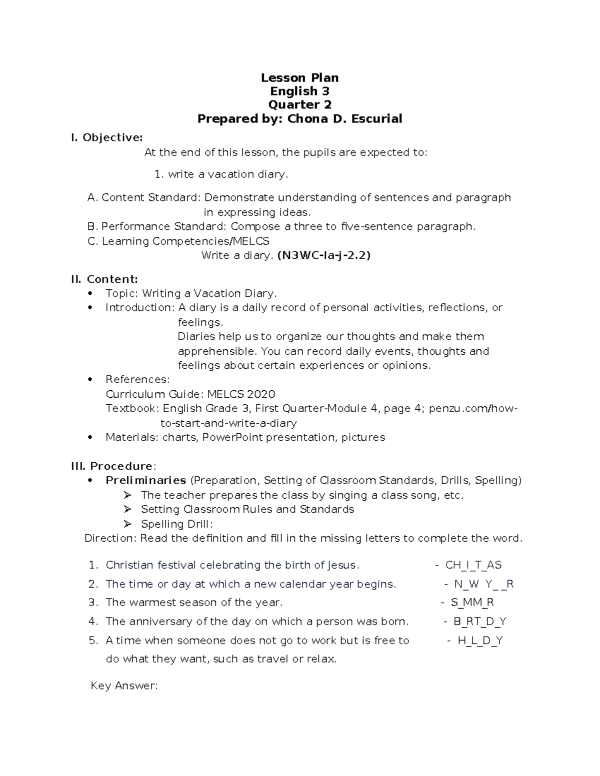 English Lesson Plan - Lesson Plan English 3 Quarter 2 Prepared by ...