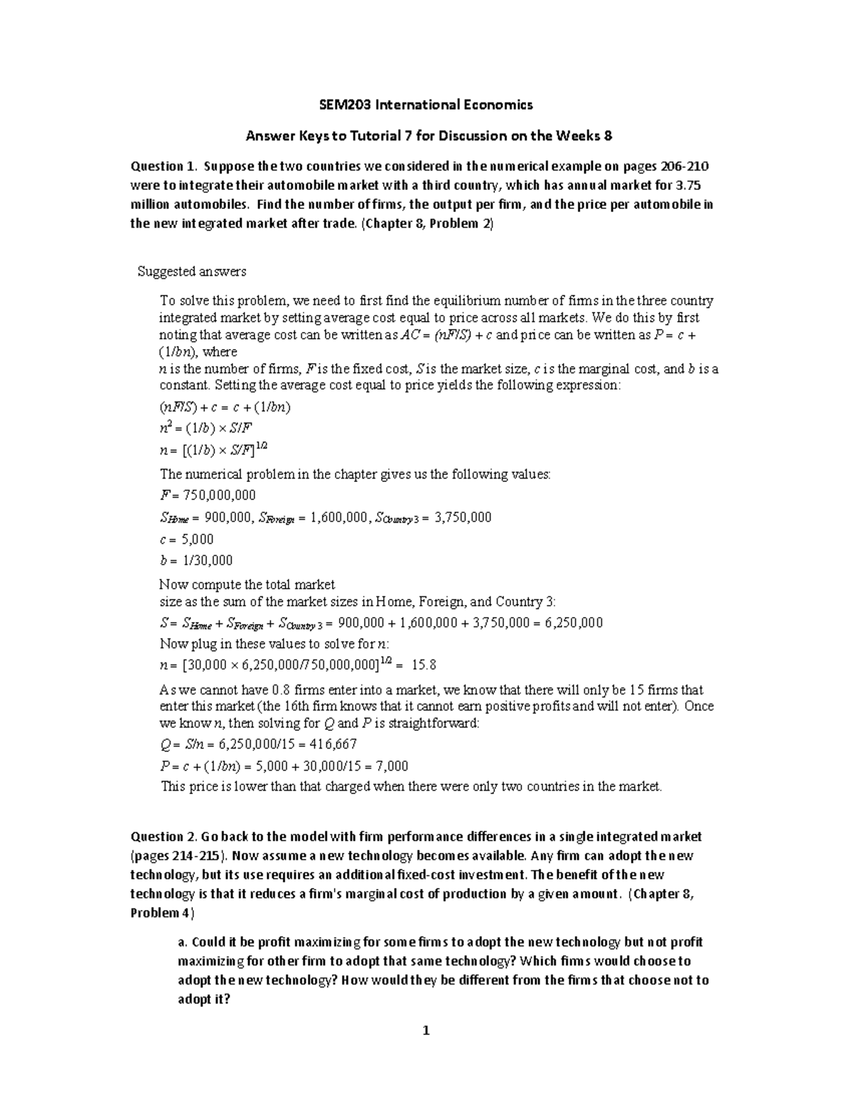 SEM203 International Economics T7 Answer Keys for Week 8 Discussion ...