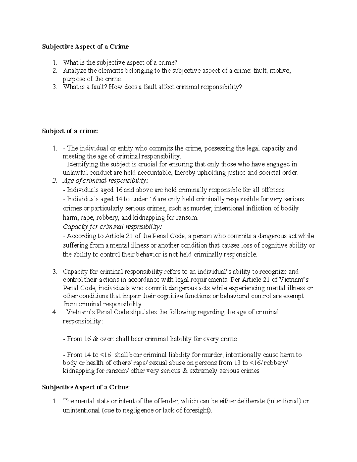 Subjective Aspect of a Crime: Legal Capacity & Responsibility Analysis ...