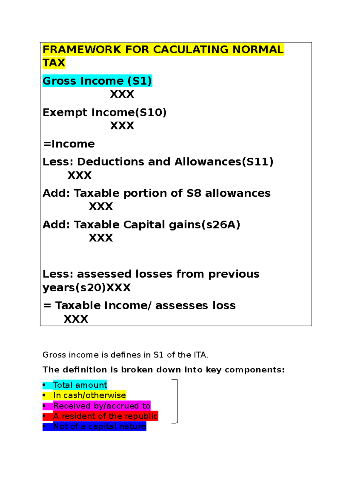 Framework for Calculating Normal Tax (3 TUT 1) - Studocu