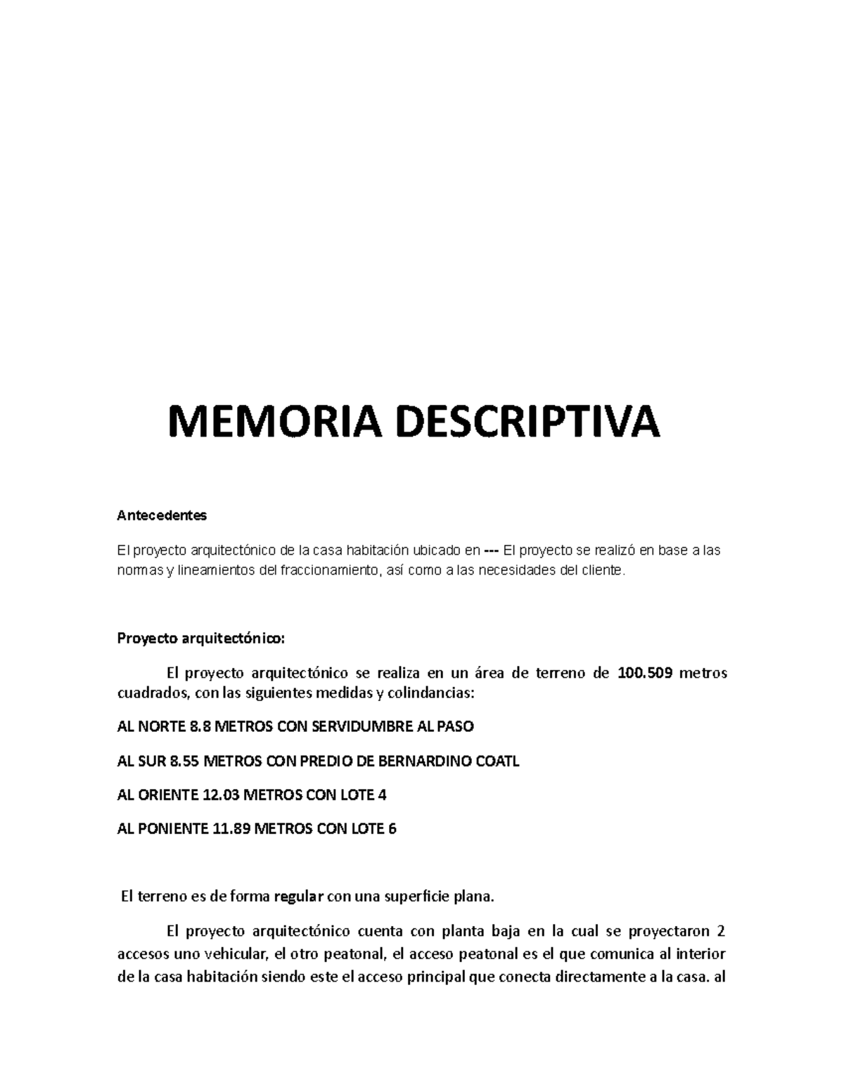 Memoria Descriptiva del Proyecto Arquitectónico - DROM-1003 - Studocu