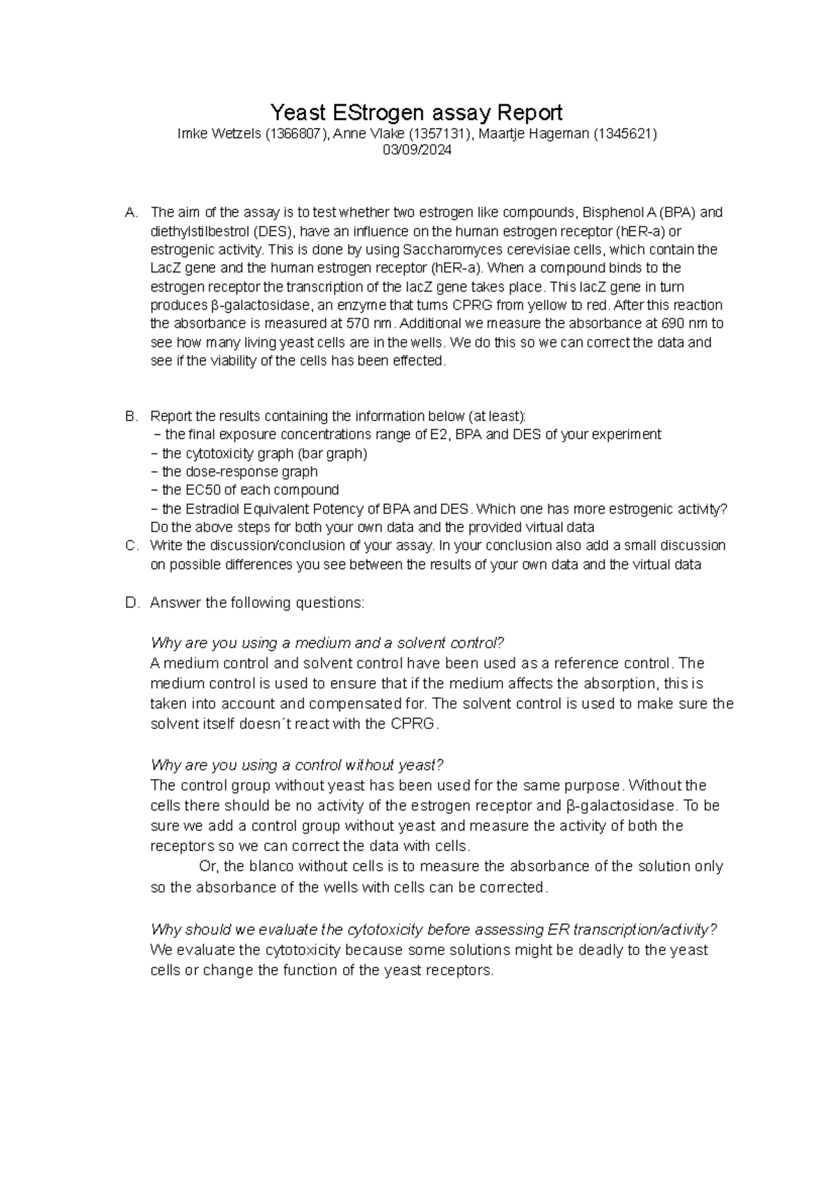 Yeast Estrogen Assay Report - Toxicology Group 13 Findings - Studeersnel