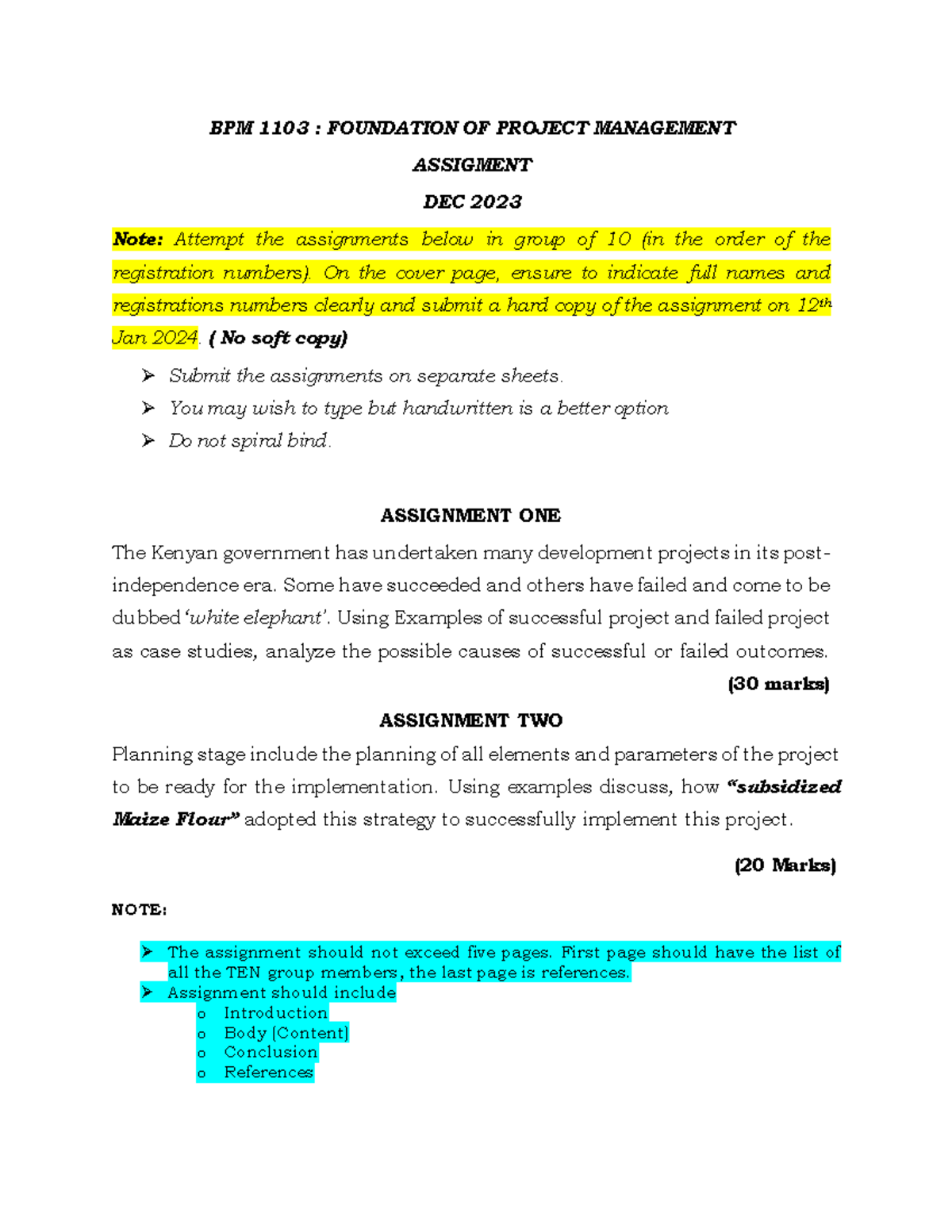 BPM 1103 Group Assignment 1 & 2: Project Management Analysis - Studocu
