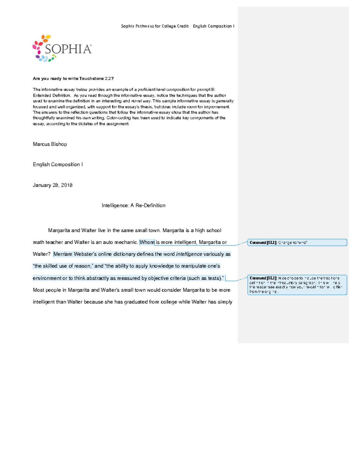 Touchstone 2.2 Example Extended Definition Essay Draft Analysis - Studocu