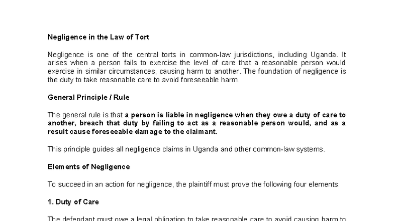 Negligence in Tort Law: Key Principles and Case Studies (LAW 101) - Studocu