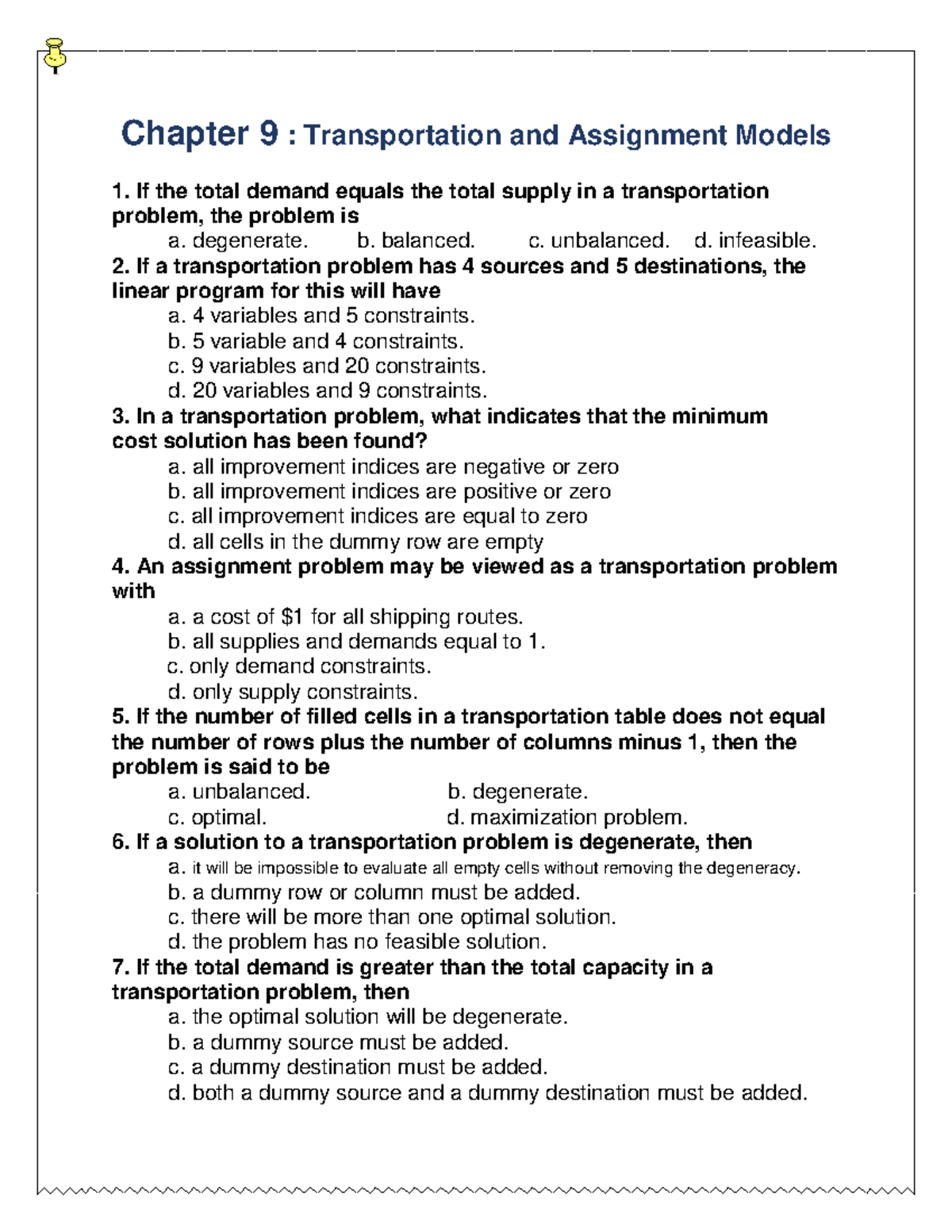 MCQ - Simulation Chapter 9: Transportation and Assignment Models - Studocu