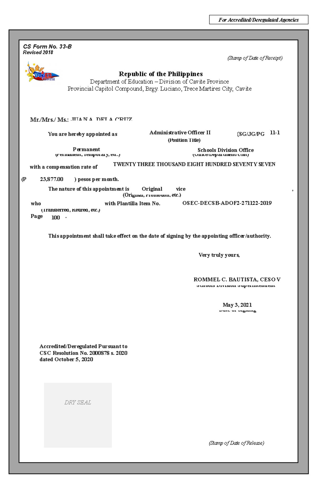 CS-Form-33B Appointment Document for Juan A. Dela Cruz - Studocu