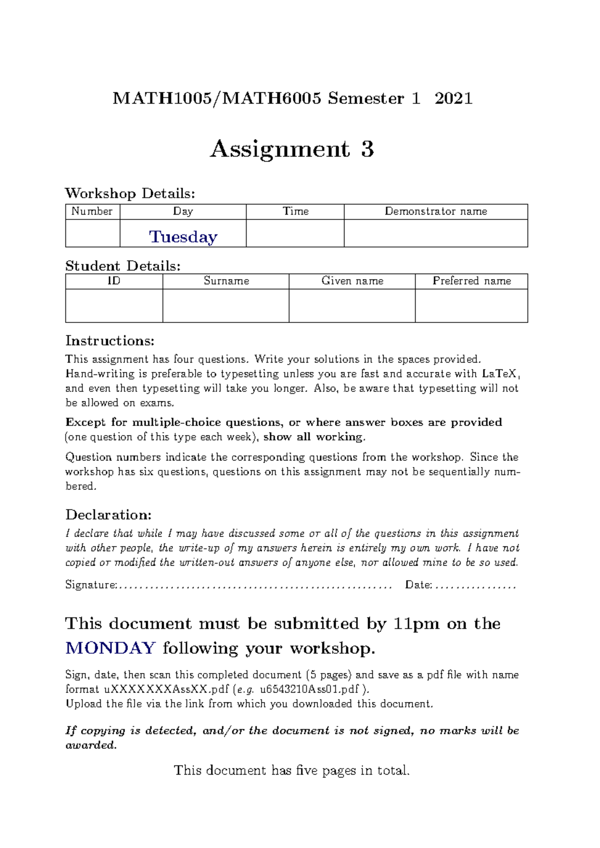 MATH 1005 Assignment 3 - MATH1005/MATH6005 Semester 1 2021 Assignment 3 ...