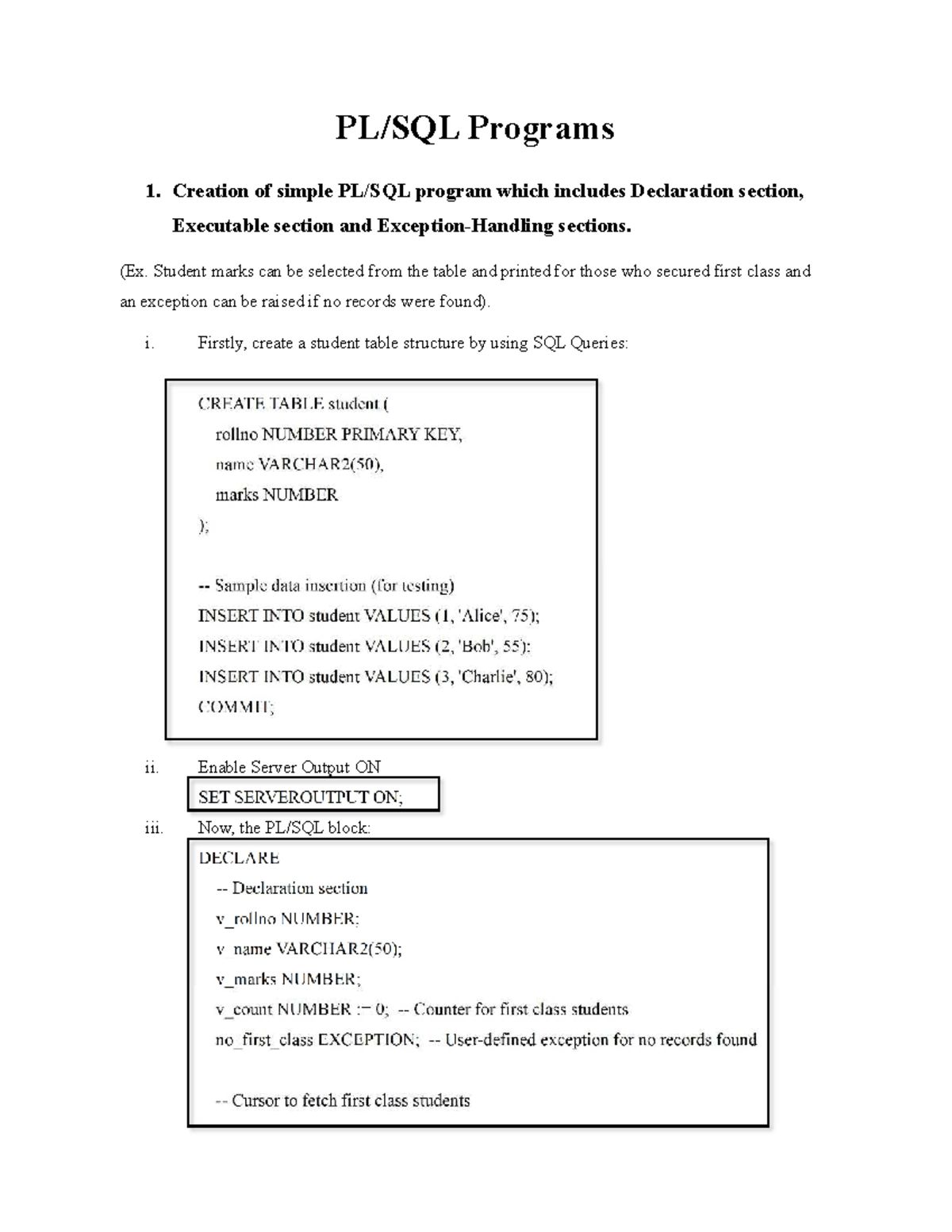 PL SQL Programs - DBMS: Creation, Insertion, and Error Handling - Studocu