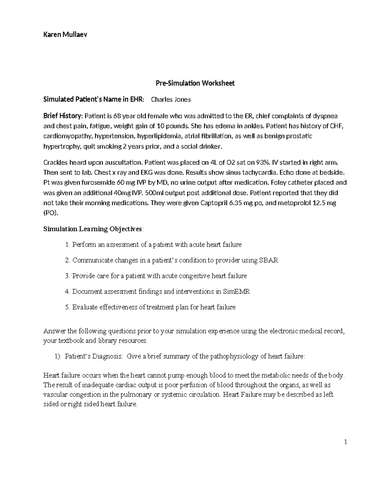 Pre-Simulation Worksheet for CHF - Patient Case Study Analysis - Studocu