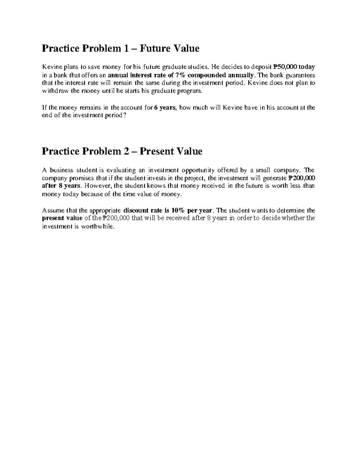 Time Value of Money Practice Problems: FV & PV Analysis - Studocu