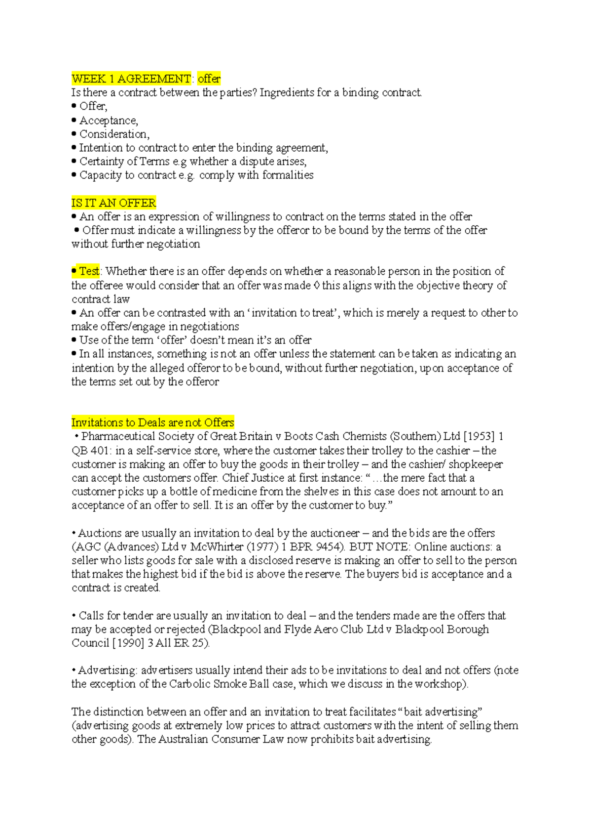 Offer - contracts - LAWS1015 - USyd - Studocu