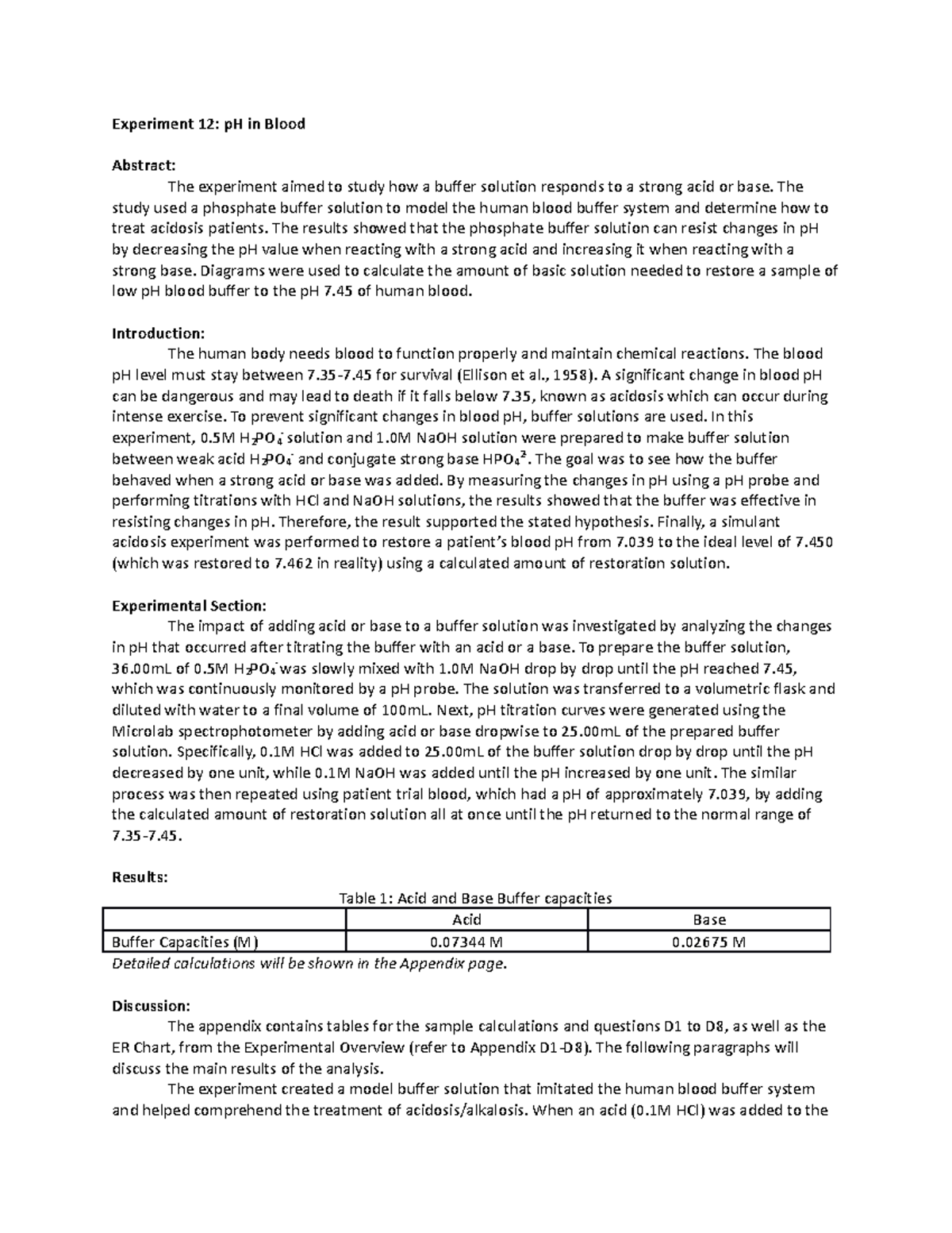 Experiment 12 copy - Lab report - Experiment 12: pH in Blood Abstract ...