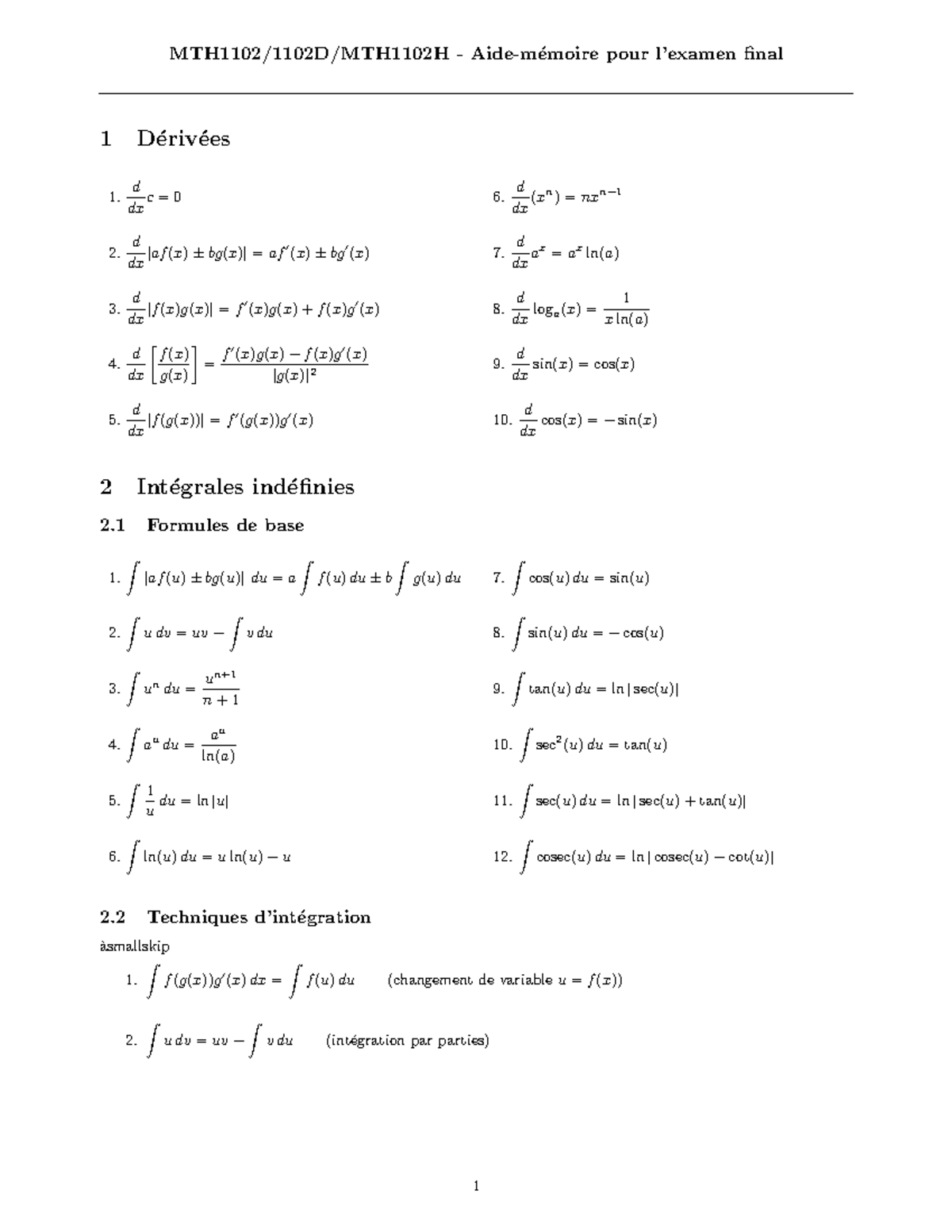 Table integrales - math - MTH1102/1102D/MTH1102H - Aide-m ́emoire pour ...