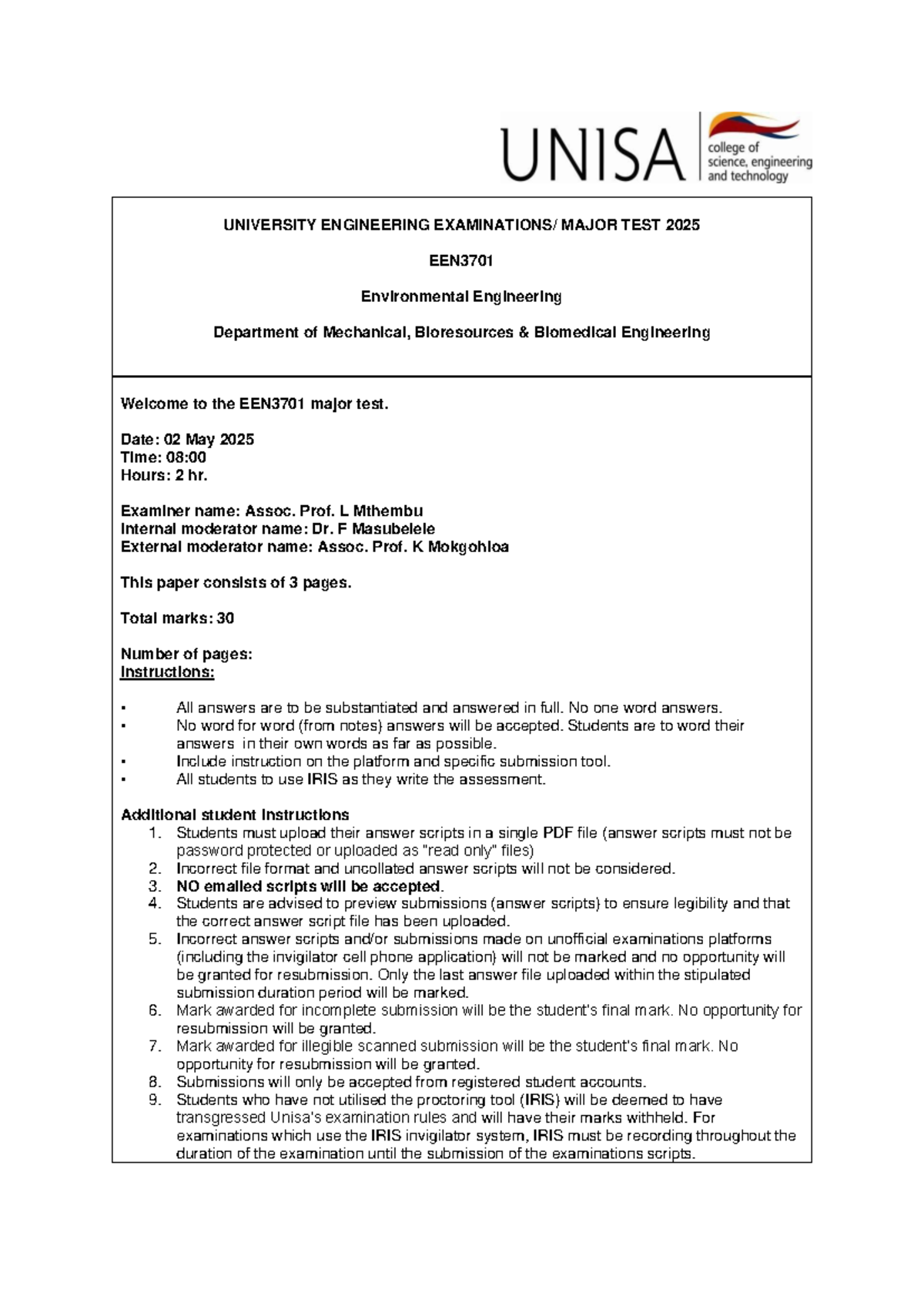 EEN3701 Final Exam: Environmental Engineering Major Test 2025 - Studocu