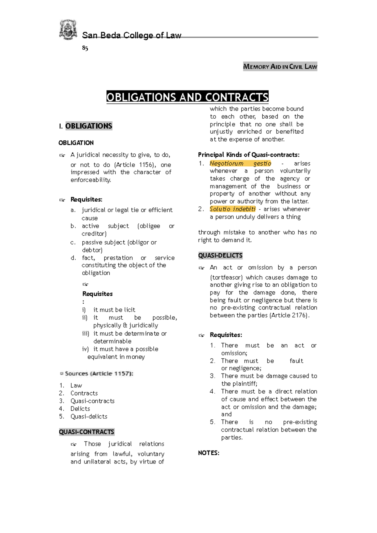 San Beda College of Law 85 MEMORY AID: CIVIL LAW OBLIGATIONS ...