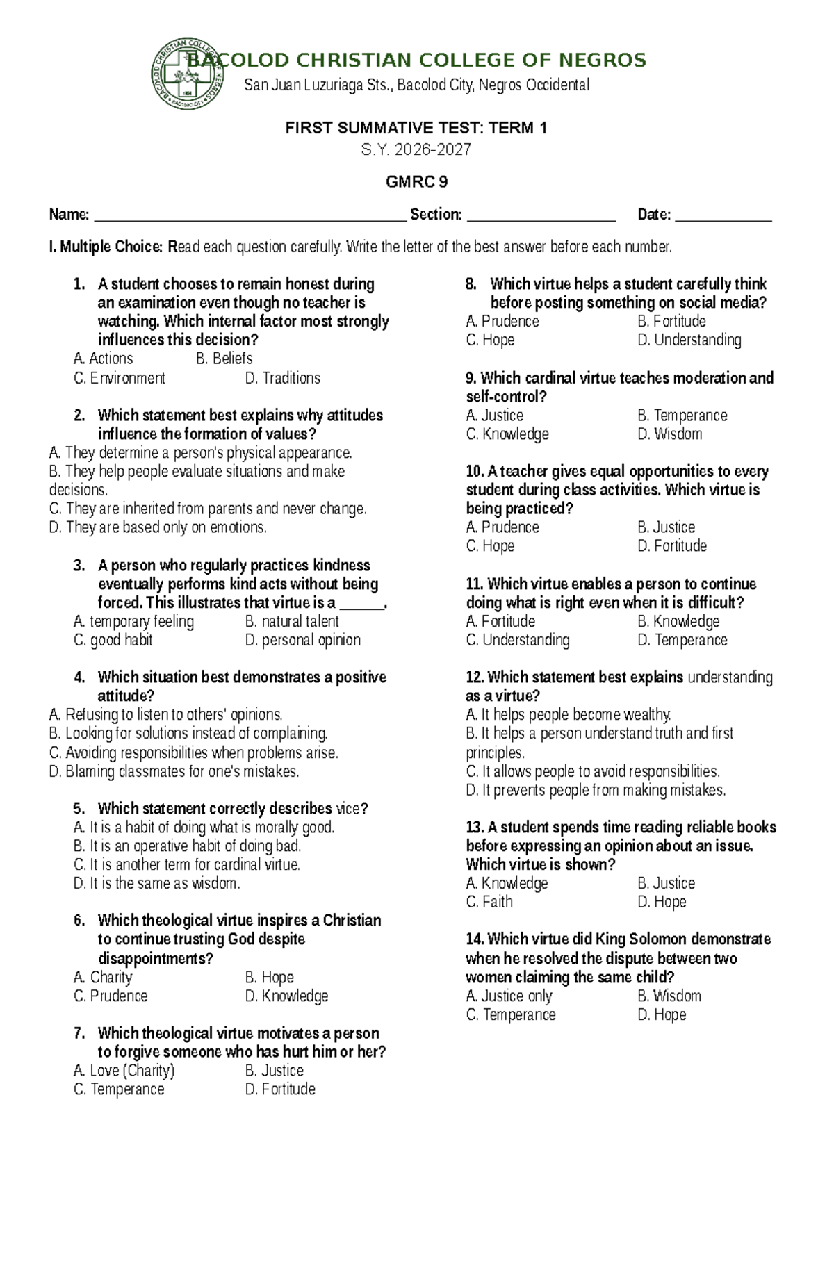 GMRC 9: 1st Summative Test - Term 1 Exam Review - Studocu