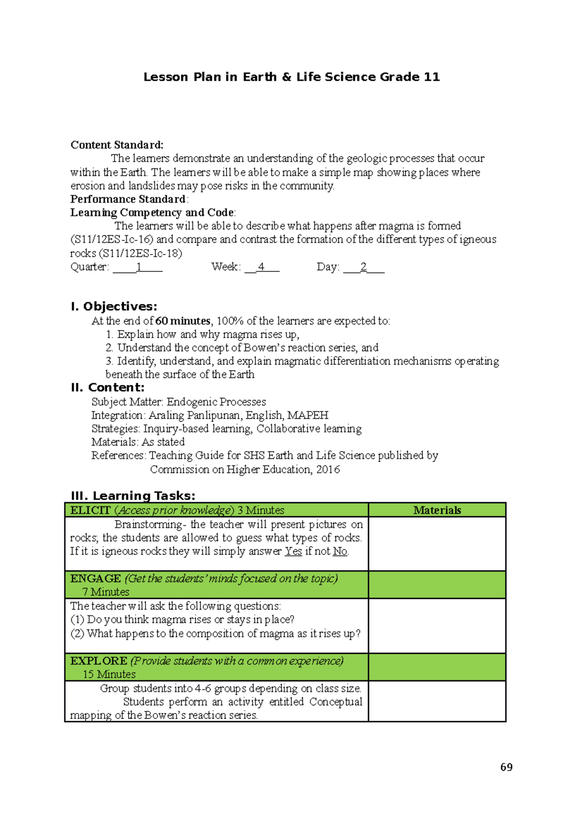 LC S11/12ES-Ic-16 to 18 - Lesson Plan for Earth & Life Science Gr. 11 ...