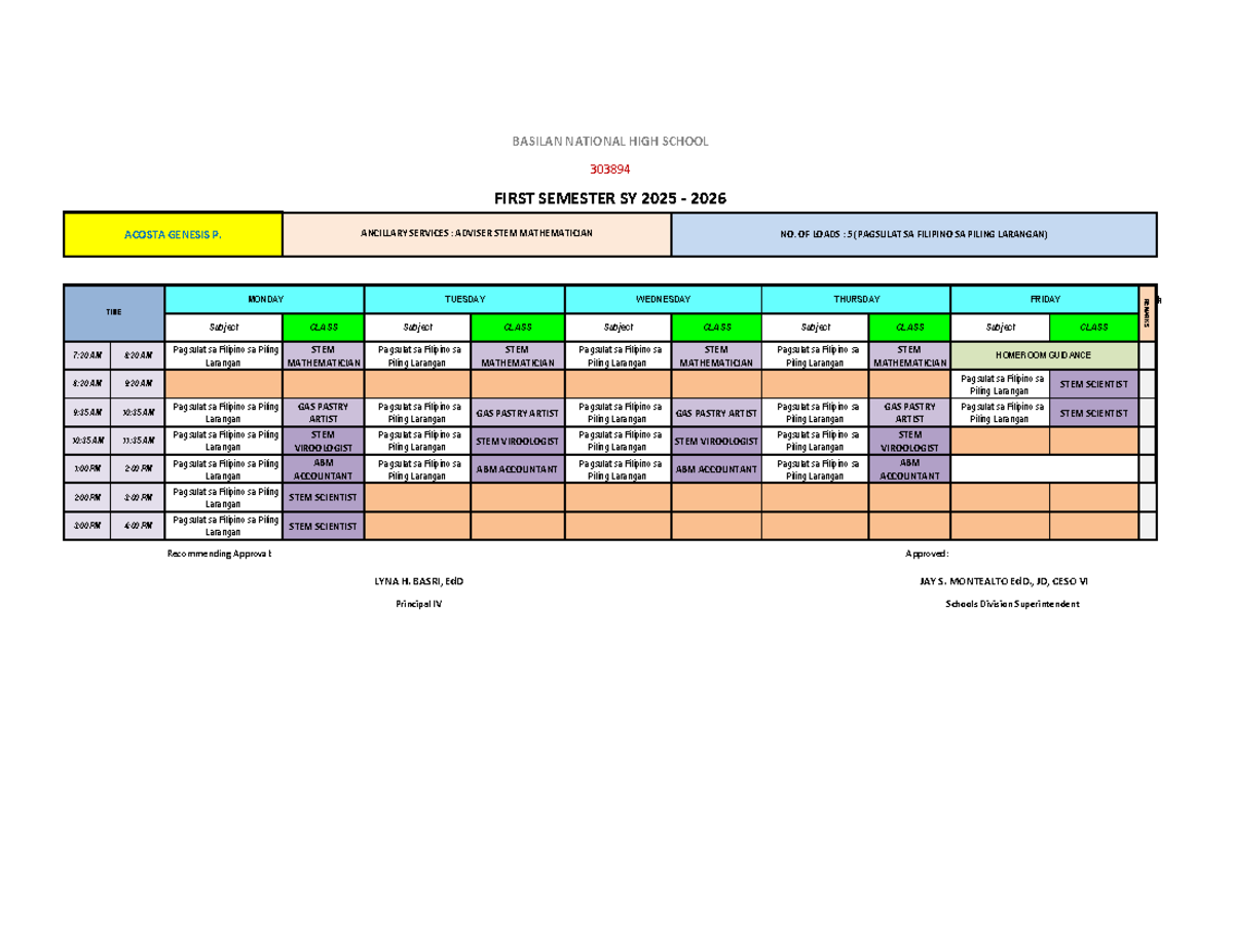 SHS Individual Loading for First Semester SY 2025-2026 at Basilan ...