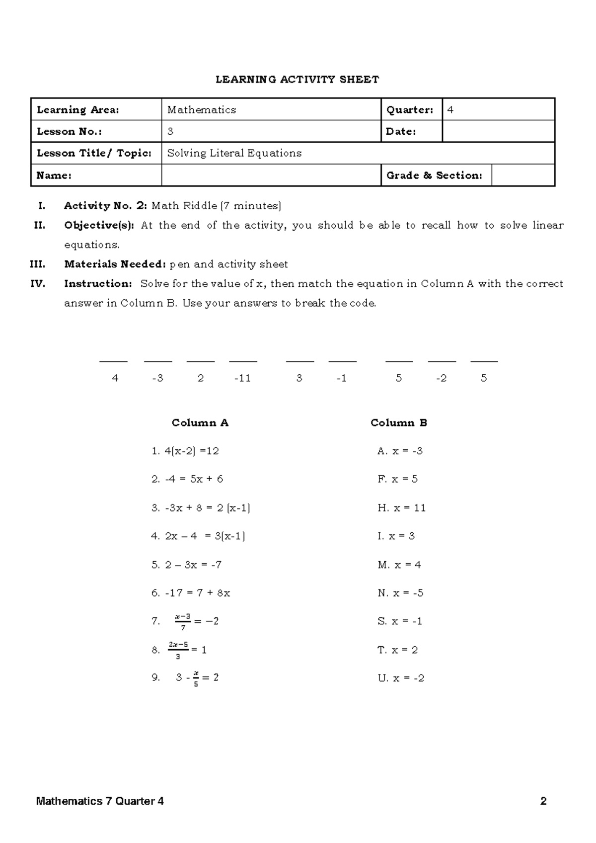 Q4 WS Mathematics-7: Solving Literal Equations Activity - Studocu