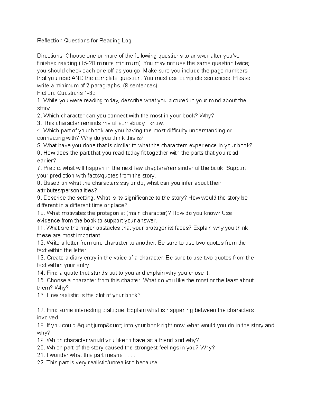 Reflection Questions for Reading Log - Reflection Questions for Reading ...