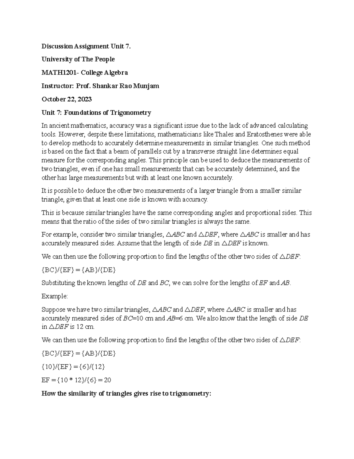 Discussion Assignment Unit 7 - University of The People MATH1201 ...