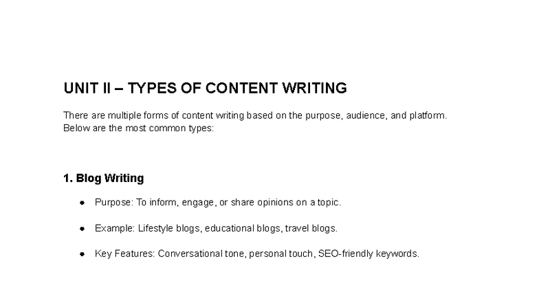 Unit II - CE - Types of Content Writing Overview - Studocu