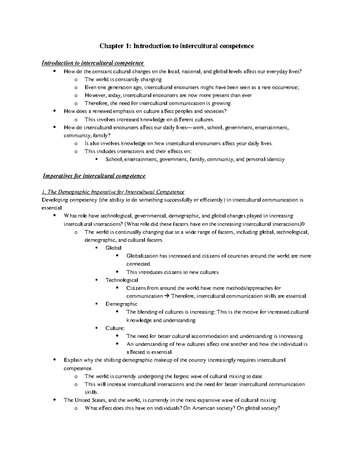 Intercultural Competence: Chapter 1 Class Notes (Final Exam) - Studocu