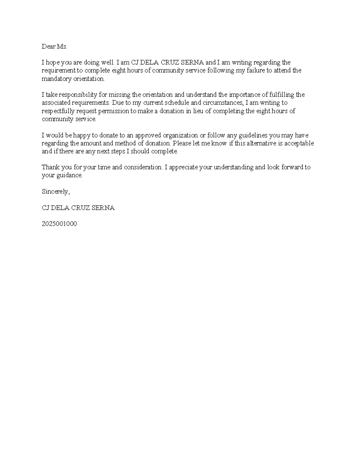 Request for Community Service Alternative - Ndjsjs - Studocu