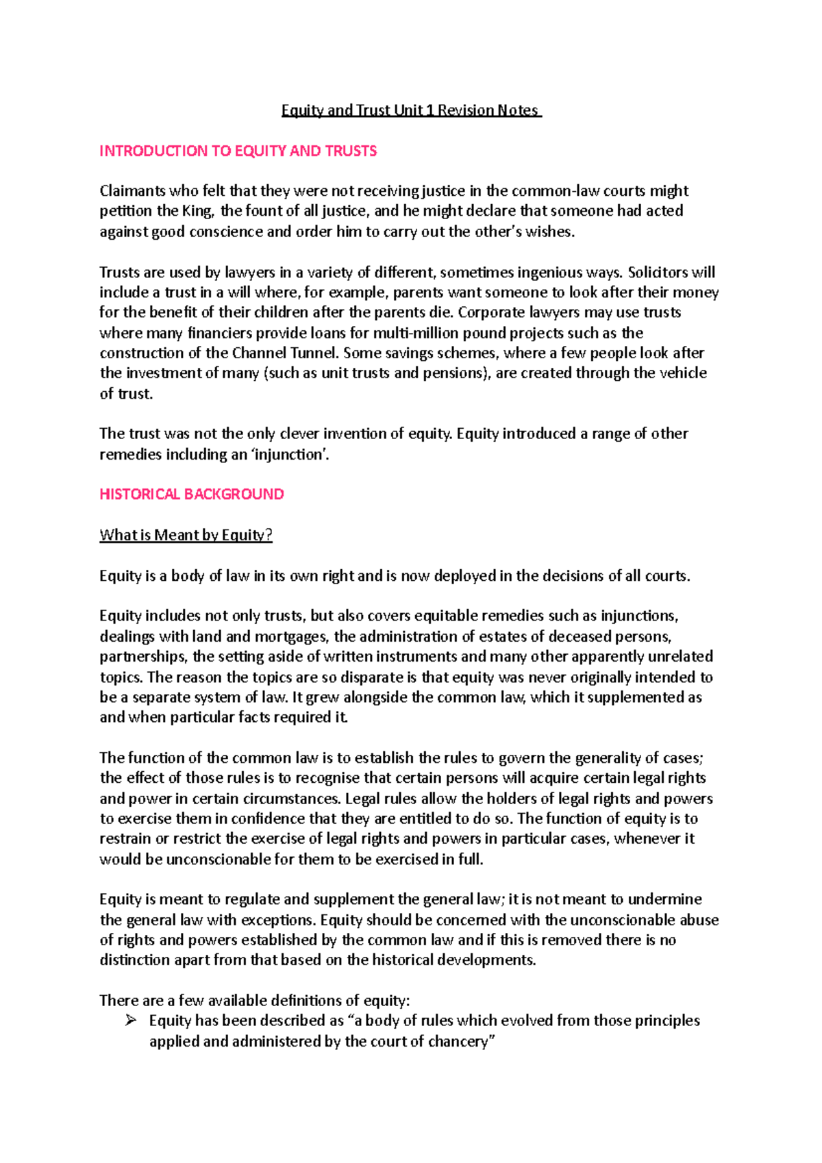 Equity & Trusts Unit 1 Revision Notes: Key Concepts & Principles - Studocu
