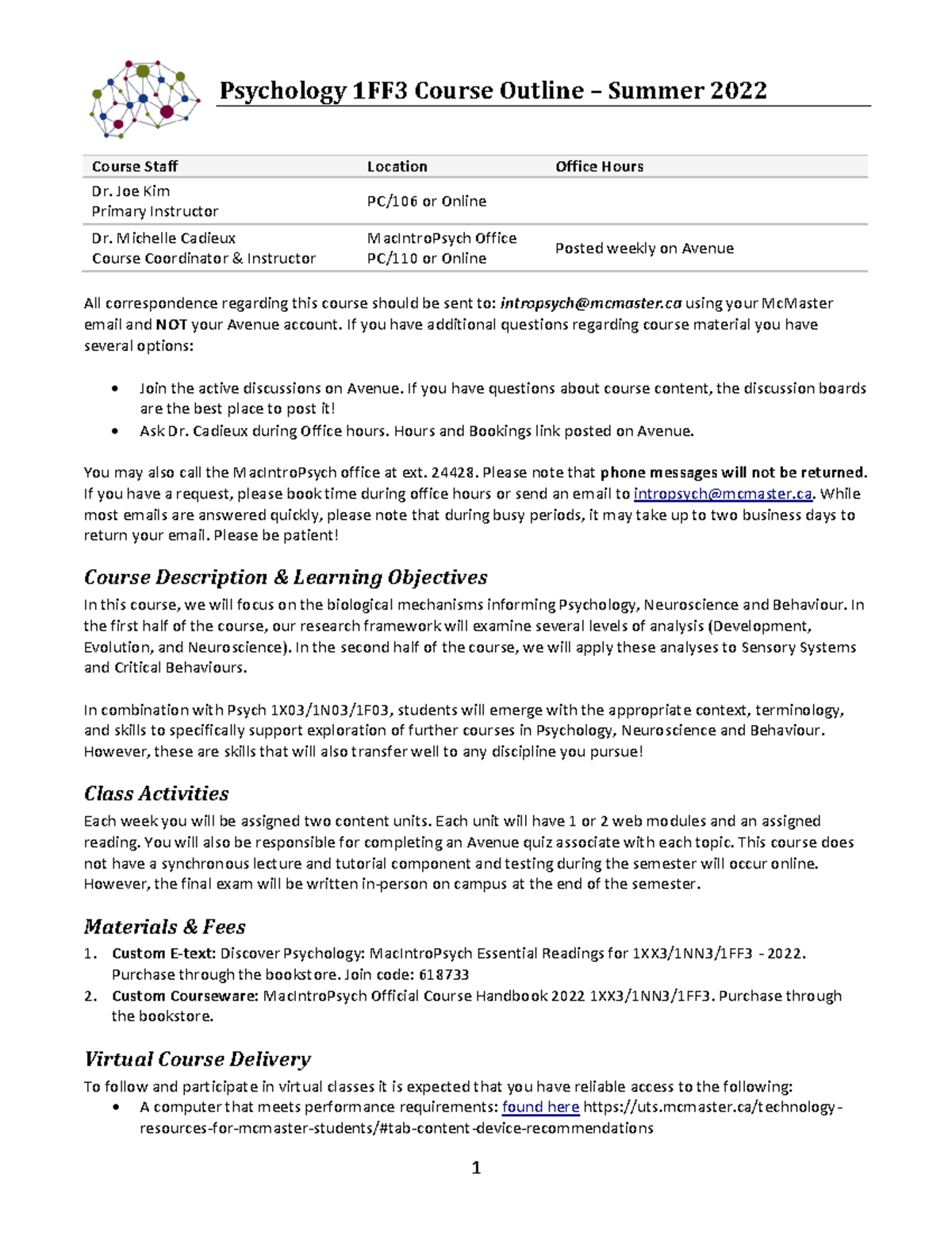 Syllabus 1FF3 Summer 2022 - Psychology 1FF3 Course Outline – Summer ...