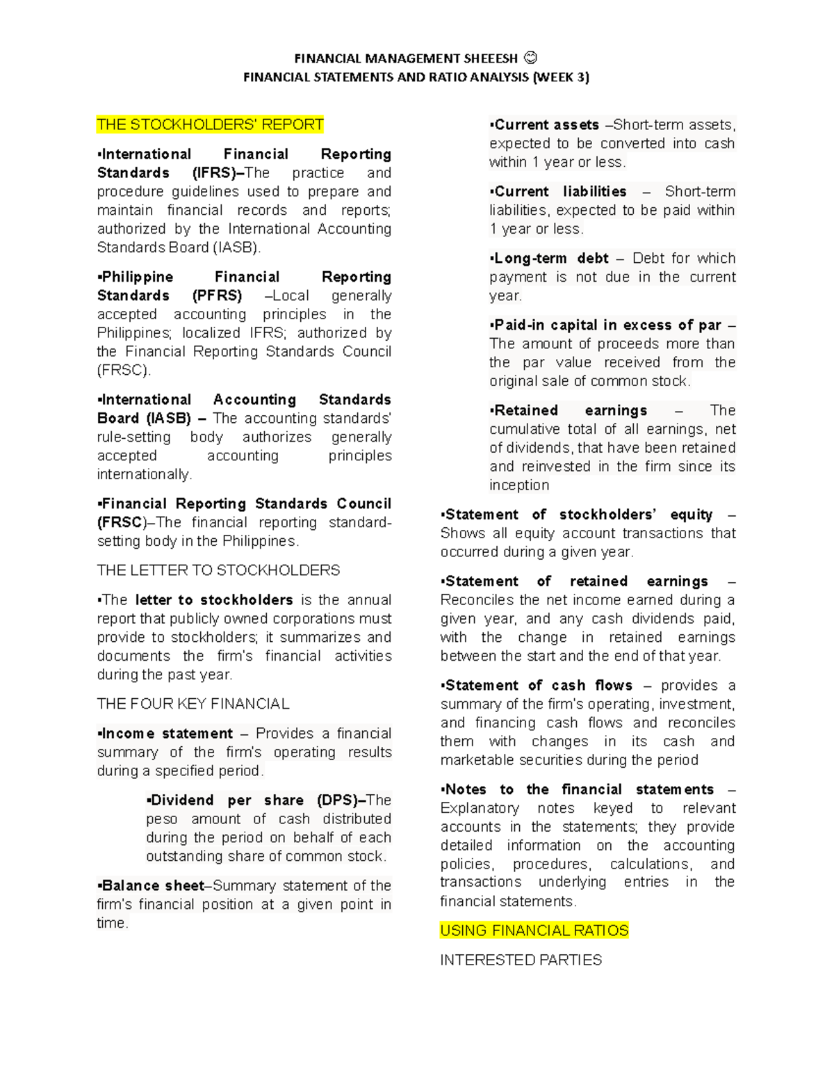 Finman - Notes in Financial MAnagement (RATIOS) - FINANCIAL STATEMENTS ...
